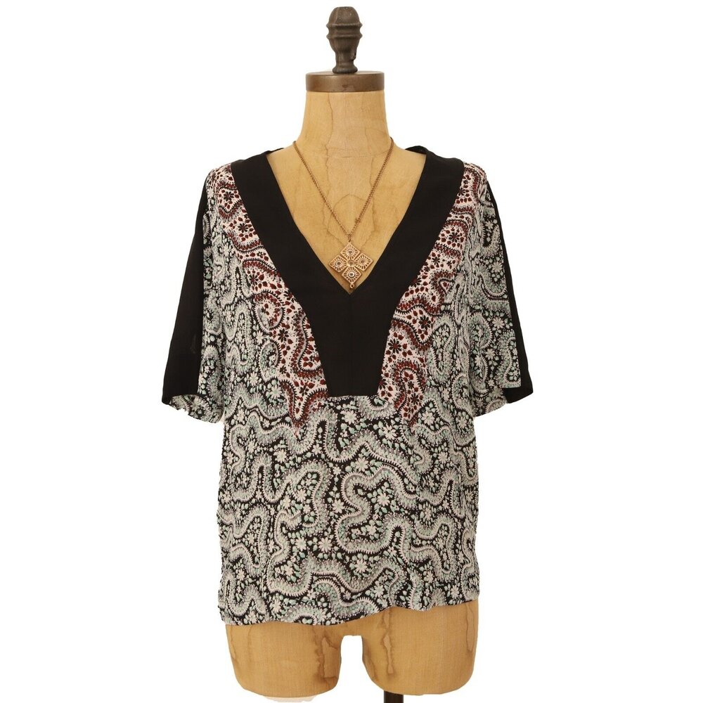 A.L.C. Semi Sheer Silk Blouse Size 0 Short Sleeve Floral Paisley Top EUC B9